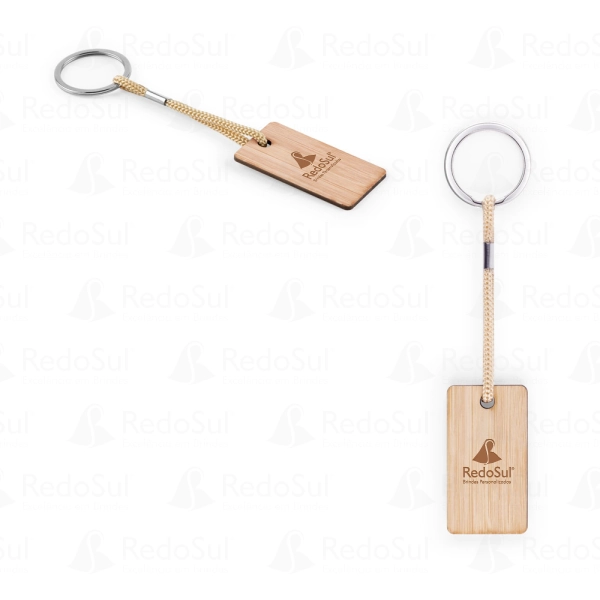 Chaveiro retangular personalizado em bambu com cordão em PET