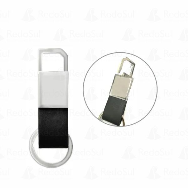 Chaveiro Personalizado em metal cromado e material sintético preto