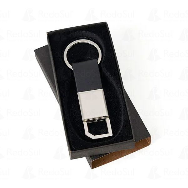 Chaveiro Personalizado em metal cromado e material sintético preto