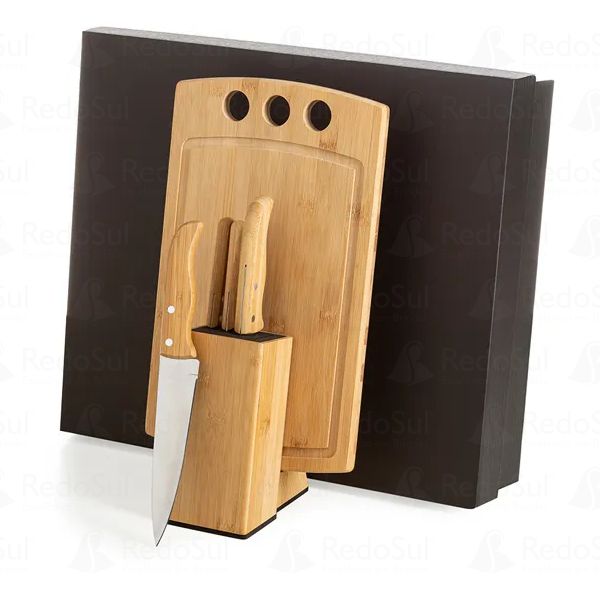 Conjunto Para Cozinha Com Cepo Em Bambu e Inox Personalizado